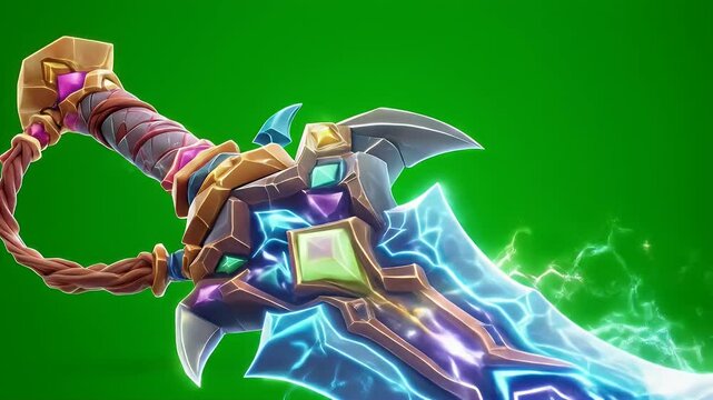 Stylized Glowing Fantasy Sword Isolated on Green Screen Magic Animation 3D Render Weapon Design for Game Asset Visual Effects and RPG in Detailed Art