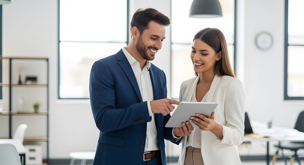 Man and Woman Reviewing Information on Tablet  Professionals Discussing Data on Tablet in Modern Office  olleagues Analyzing Screen Content in Bright Workspace 