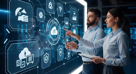 Tech Professionals Analyzing Data on Transparent Digital Screen Man and Woman Interacting with Cloud Computing Interface 