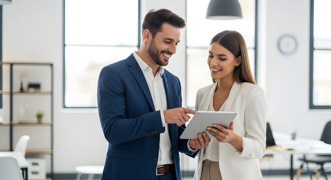 Man and Woman Reviewing Information on Tablet  Professionals Discussing Data on Tablet in Modern Office  olleagues Analyzing Screen Content in Bright Workspace 