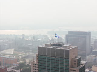 Heavy smog in Montreal downtown because of wildfire and industrial pollution, Quebec, Canada