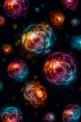 Abstract multicolored flower-like shapes scattered on a dark background