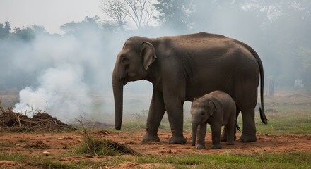 Obraz premium Elephant leading calf away from smoking field.