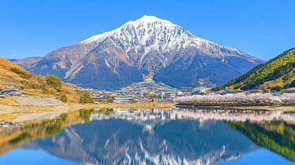 Obraz premium Spring mountain lake reflection, cherry blossoms, village