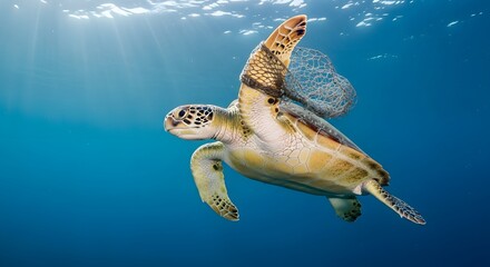 Sea Turtle Swimming Trapped in Fishing Net Under Blue Ocean Surface - World Sea Turtle Day Theme