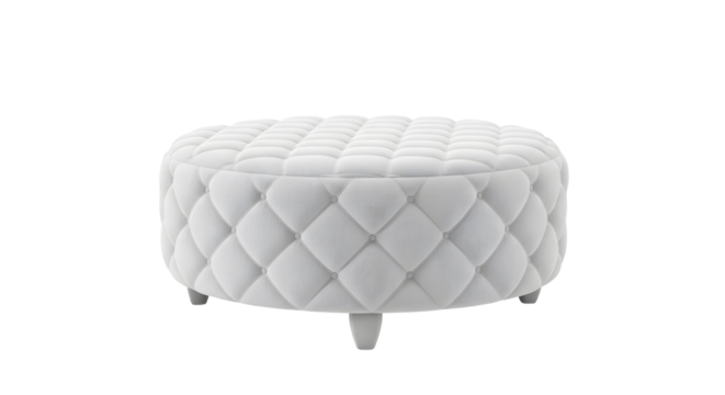 Isolated White Upholstered Ottoman With Quilted Pattern and Round Shape Against Transparent Background