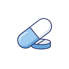 Blue capsule and tablet on a white background in flat design  