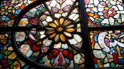 Ornate Stained Glass Window with Floral and Geometric Patterns in Vivid Colors - Powered by Adobe