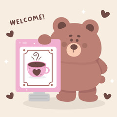 World chocolate day with cute teddy bear cartoon and shop label