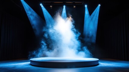 Fototapeta premium Round stage lit by intense spotlight, swirling smoke in center, theatrical mood