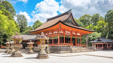 Ornate japanese temple complex under a vibrant sky.