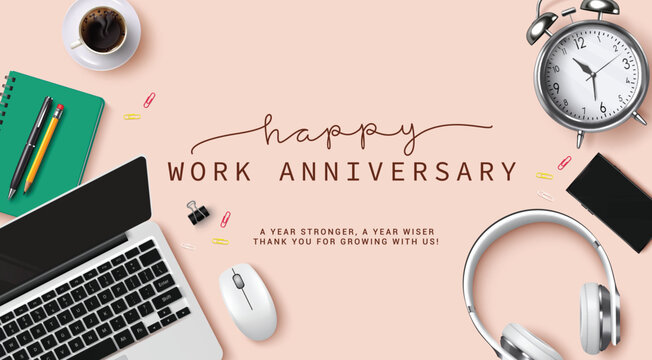 Happy work anniversary clipart design. Company greeting template clip art with laptop, headphone, clock and mouse office elements for invitation and appreciation card background vector illustration. 
