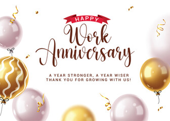 Work anniversary greeting clipart design. Company celebration invitation card clip art with balloons floating elements for years of success and milestone appreciation background vector illustration.  