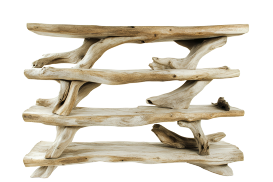Open shelf made from weathered driftwood featuring organic curves and natural texture ideal for rustic or boho home decoration