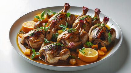 Roasted quail served on a platter with citrus fruits and herbs. The succulent birds are glistening with a flavorful glaze, making this a visually appealing and delicious dish.