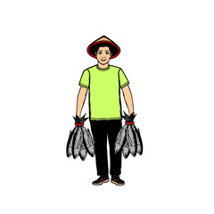 male fisherman standing with sea fish vector illustration