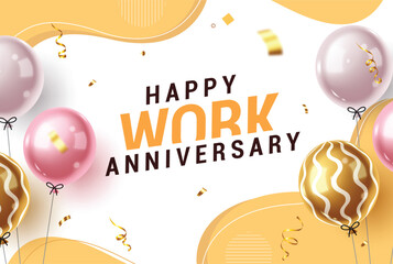 Work anniversary greeting text clipart design. Company work invitation card with balloons decoration elements in yellow abstract background for happy celebration template vector illustration. 
