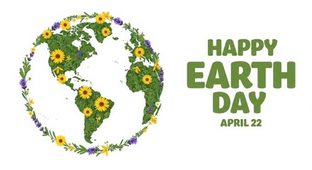 Obraz premium Happy earth day greeting with green planet and leaves representing nature environment and care 