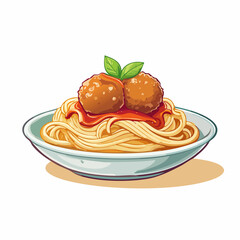 Spaghetti with Meatballs: A delicious plate of spaghetti topped with two juicy meatballs and a rich tomato sauce, garnished with fresh basil.
