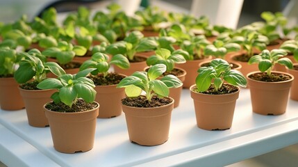 Obraz premium Many small terracotta pots with young plants, likely herbs, arranged on a white tray. Healthy seedlings in a controlled environment