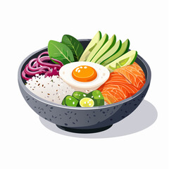 Poke Bowl with Egg: Vibrant poke bowl, egg centered, a mix of fresh ingredients, including salmon, rice, avocado, and seaweed.