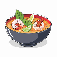 Tom Yum Goong in Bowl: A vibrant illustration of a bowl of Tom Yum Goong, a classic Thai soup featuring succulent shrimp, fragrant herbs, and a zesty lime wedge.