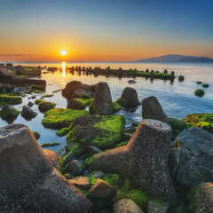 beautiful sunrise on the sea with rocks with moss and algae
