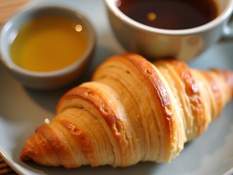 A detailed close-up of a flaky croissant, its layers glistening with butter, accompanied