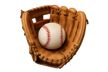 Classic leather baseball glove holding a white baseball with red stitching, isolated on a transparent background, perfect for sports-themed projects