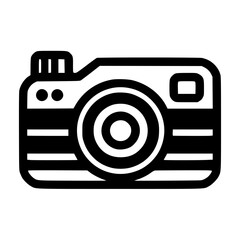 Black and white graphic icon of a camera with lens and flash.
