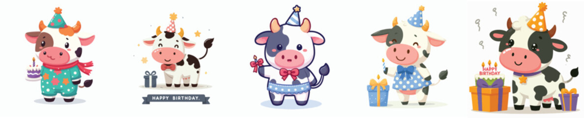 cute cow vector having a birthday