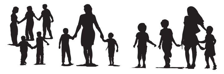 Isolated minimal black family silhouettes. Collection of family silhouettes on isolated background. Vector illustration