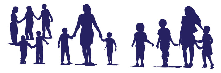 Isolated minimal black family silhouettes. Collection of family silhouettes on isolated background. Vector illustration