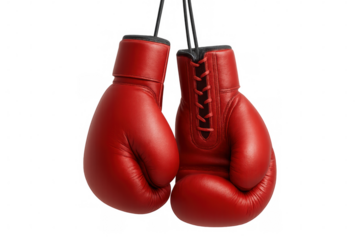 Red boxing gloves hanging against a clear background, poised for action and embodying the spirit of competition and athleticism