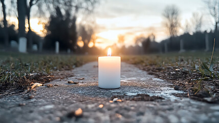 an american flag and a lit candle are placed beside a headstone in a peaceful cemetery during sunset, symbolizing remembrance, honor, and respect for veterans and fallen heroes.