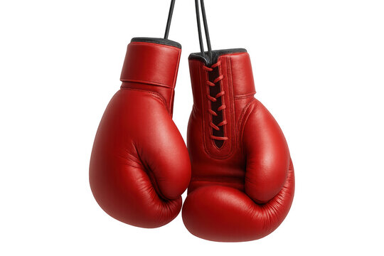 Red boxing gloves hanging against a clear background, poised for action and embodying the spirit of competition and athleticism