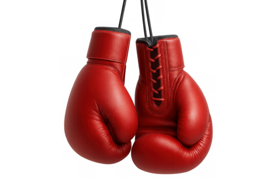 Red boxing gloves hanging against a clear background, poised for action and embodying the spirit of competition and athleticism