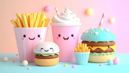 Pastel Wonderland: Playful Cartoon Fast Food Characters Delightfully Displayed