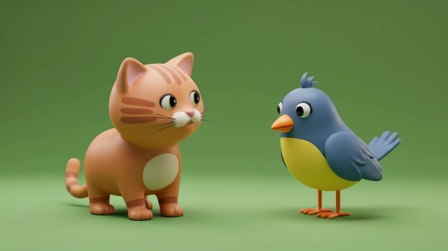 Cartoon Cat and Bird Sitting Side by Side on Green Background