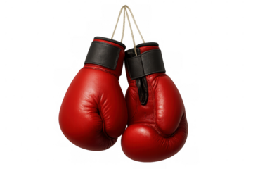 Red leather boxing gloves suspended from rope, symbolizing fighting spirit against clean backdrop