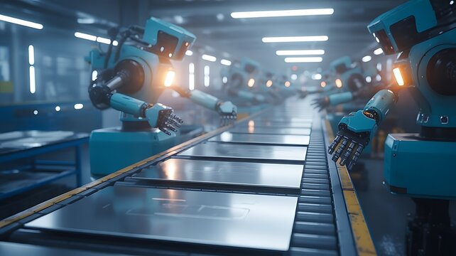 Automated robotic assembly line manufacturing process in modern industrial factory environment