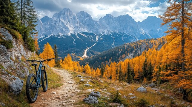Mountain bike trail through autumnal alpine scenery