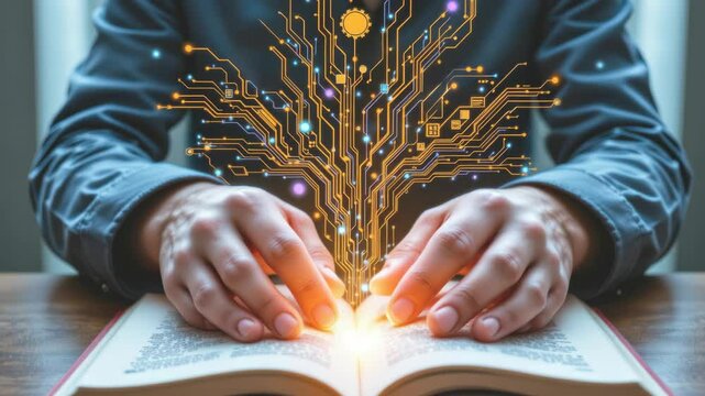 Hands on a book with a glowing circuit pattern emerging from it.