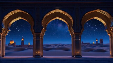 A nocturnal desert landscape viewed through ornate arches.