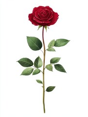 Beautiful Red Rose with Green Leaves on White Background, Captivating Floral Design for Nature Lovers and Art Enthusiasts