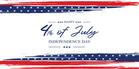 Vector landscape banner celebrating US Independence Day with red-white-blue flag vector, bright fireworks and gold stars. Dynamic, patriotic design, perfect for digital or print decoration.