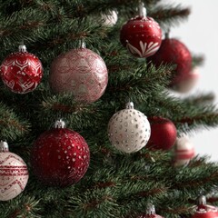 Close-Up of Festively Decorated Christmas Tree with Red and White Ornaments and Green Pine Needles