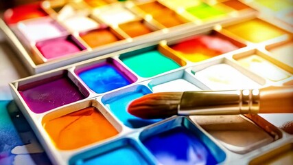 Vibrant watercolor paint palette with brush, diverse colors for artistic painting projects, art supplies, creativity and studio accessories. - Powered by Adobe