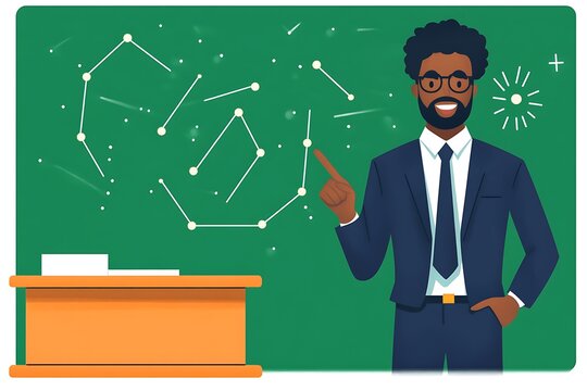 An educator points towards an illustration on a chalkboard