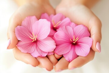 Pink flowers held in hands for beauty, spa, wellness, or nature concepts, and for use in skincare or cosmetic advertising.